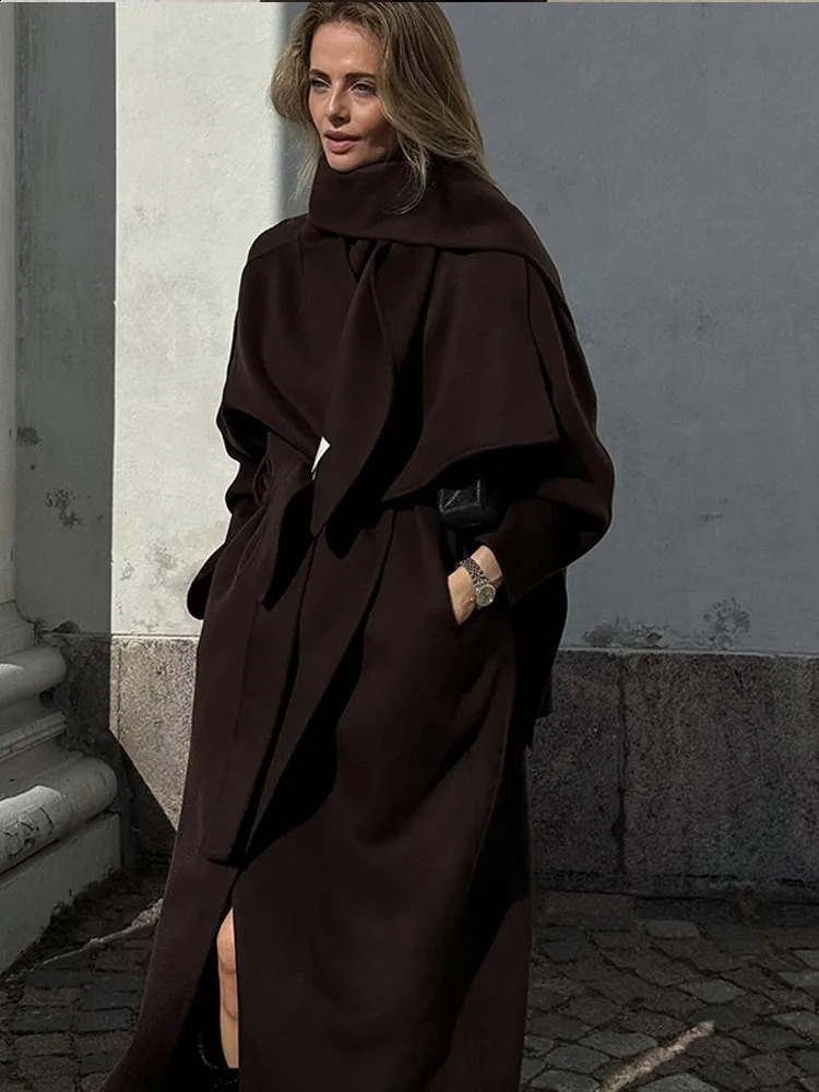 2024 Vintage Brown Scarf Collar Womens Overcoat With Belt Fashion Long Sleeve Pockets Woolen Jacket Lady Loose Streetwear y241205