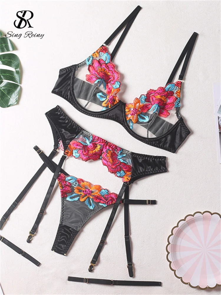 SINGREINY Sensual Embroidery Sheer Underwear Sets Erotic Skinny Backless Fashion Shapewear Floral Porno Sexy Bra Briefs Suits 241205