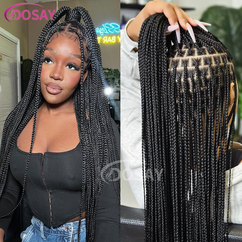36" Full Synthetic Braids Lace Front Knotless Braided For Black Women Small Box Square Hair Wigs