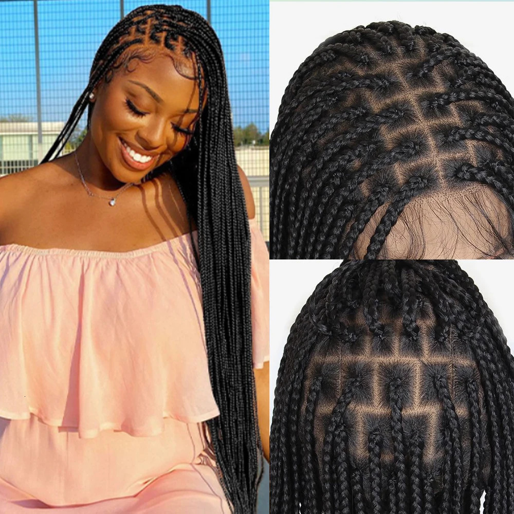 34Inch Front Braided Wigs For Black Women Knotless Braid Full Double Lace Micro Box Braids Wig Pre Plucked