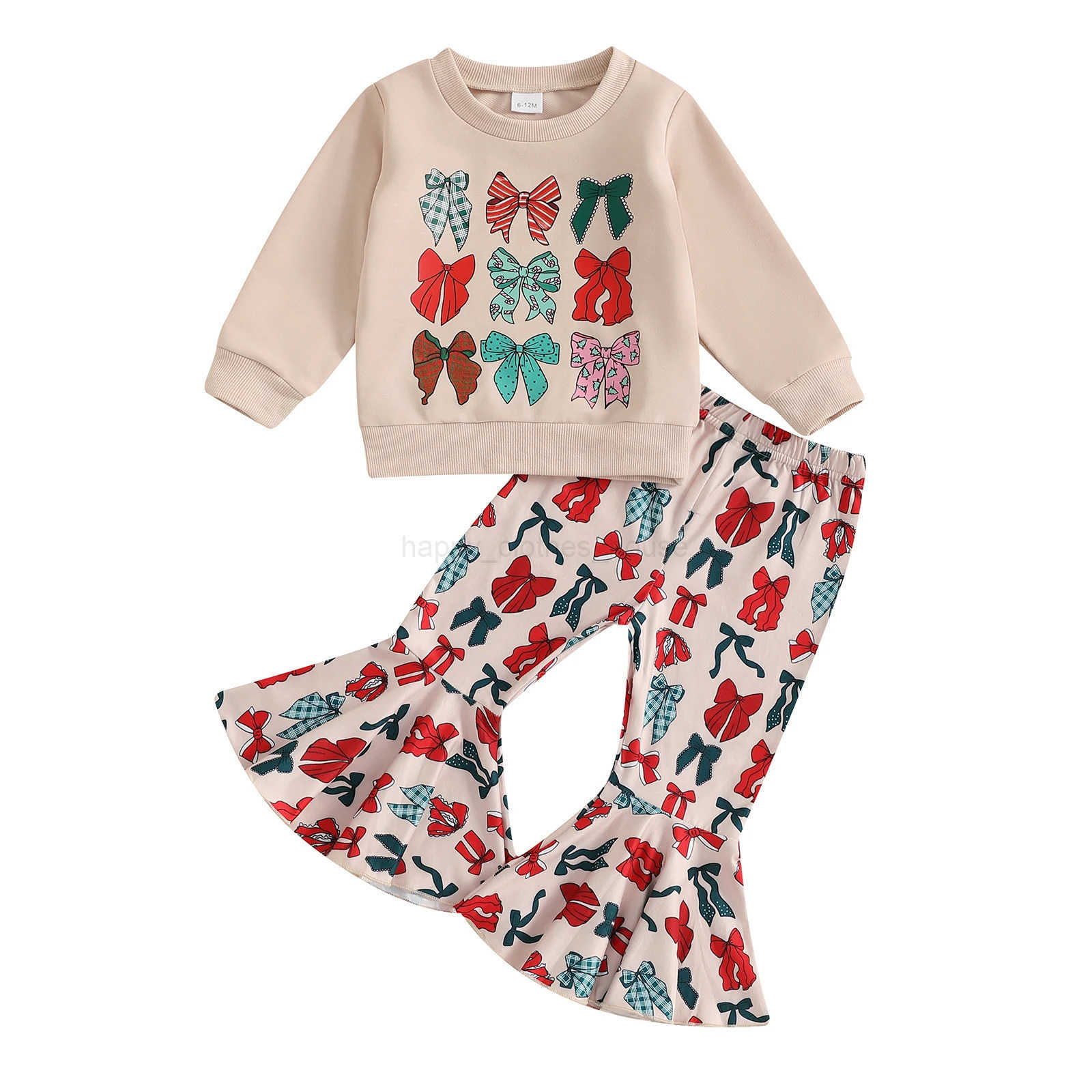 1-4Years Kids Baby Girl Christmas Outfits Fashion Autumn Bow Print Long Sleeve Sweatshirt with Flare Pants 2Pieces Toddlers SetsXJ241205