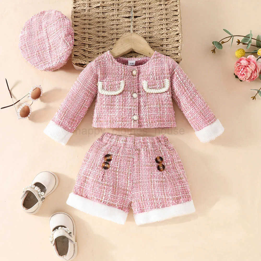 2024 Autumn Baby Girls Clothes Cute Plush Selvedge Plaid Long Sleeve Tops Solid color Flared Short Pants with Beret SetsXJ241205