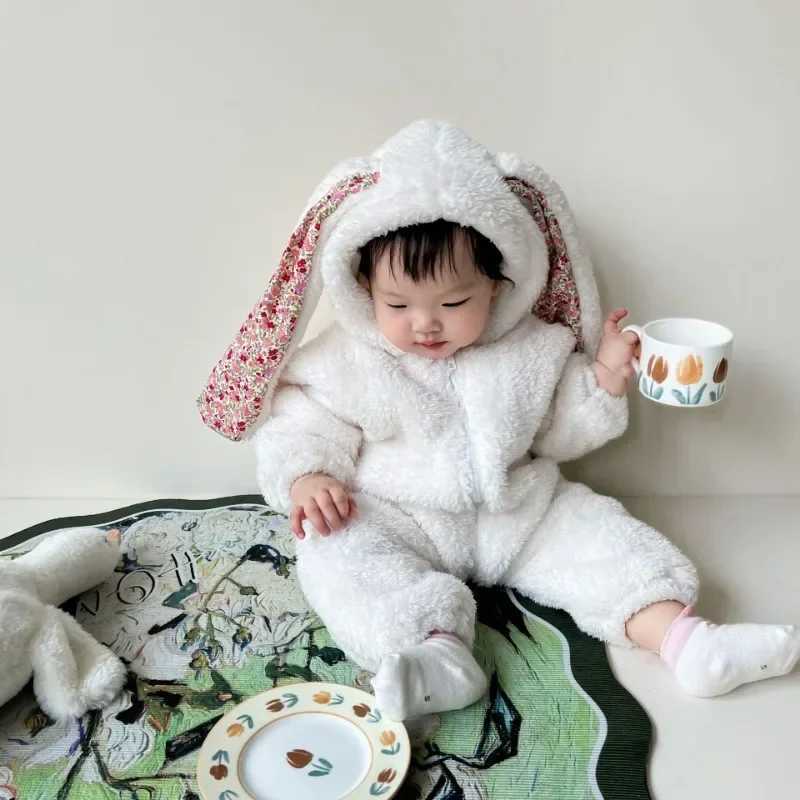 Pajamas Winter Girls Rabbit Romper Slouchy Comfortable Zipper Jumpsuit Cute Hooded Pajamas Baby Boys Plush Homewear Outfits H241205