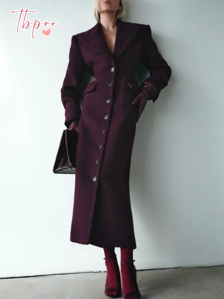 2024 Burgundy Fashion Slim Fit Womens Woolen Overcoat Elegant Lapel Button Down Flap Pockets Jackets Female Chic Street Outwear 241204
