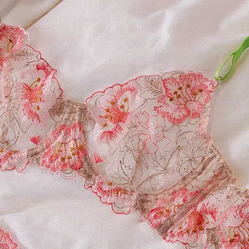 Mesh embroidery sexy underwear steel ring bra thin lingerie set women push up bras with pants suitXJ241205