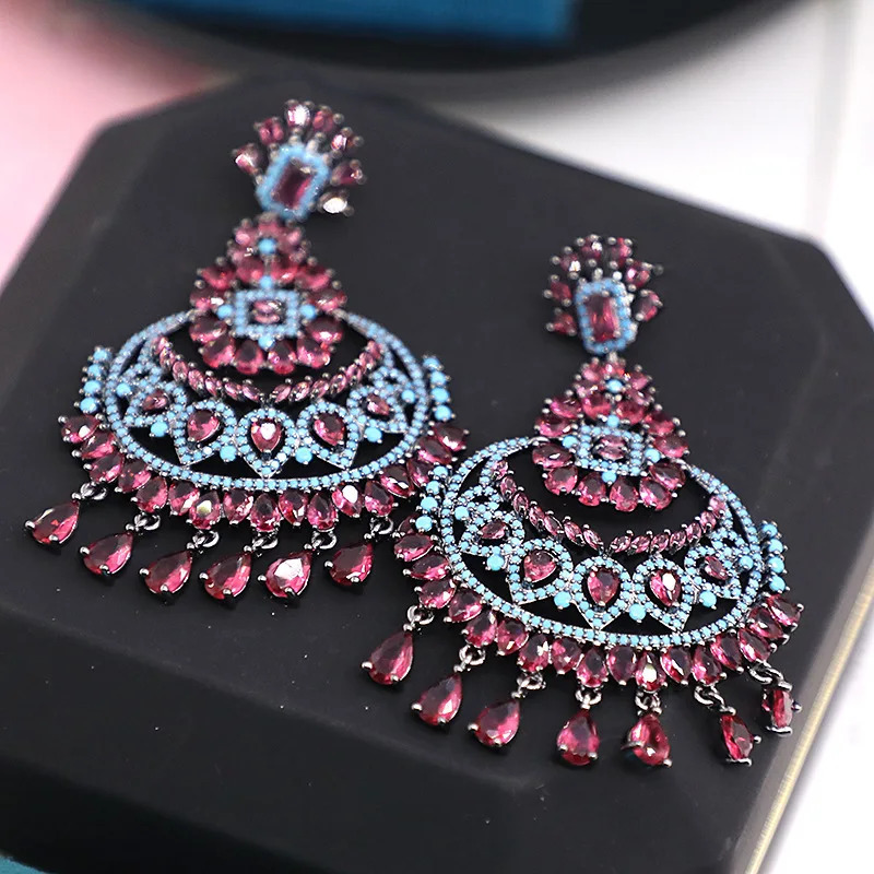 Two tone micro set zircon water droplet fringe earrings 241205