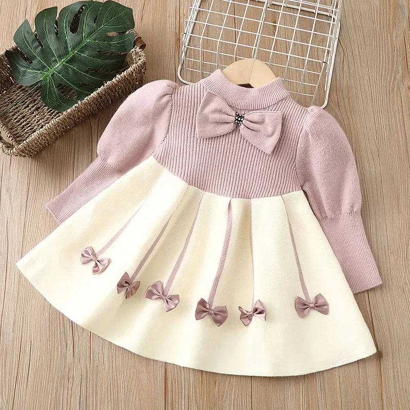 2-6Y Autumn Winter Girls Sweater Dress Puffy Long Sleeve Wool Dress Birthday Party Girl Baby Warm Knitted Princess Dress 241204