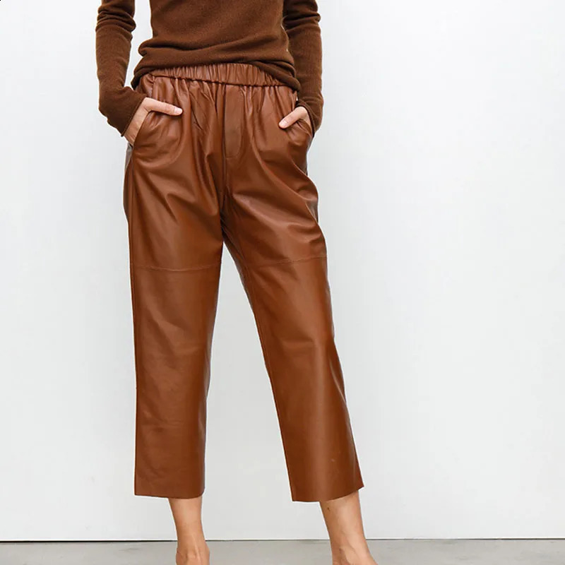 Genuine Leather Harem Pant Real Sheepskin Trousers High Elastic Waist 2024 Streetwear Plus Size Pants Y2k Fashion 241205Z