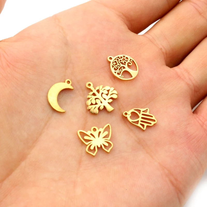 10pcslot 316 Stainless Steel Gold Plated Tree Moon Butterfly Small Charms Pendant For Necklace DIY Jewelry Making 241122