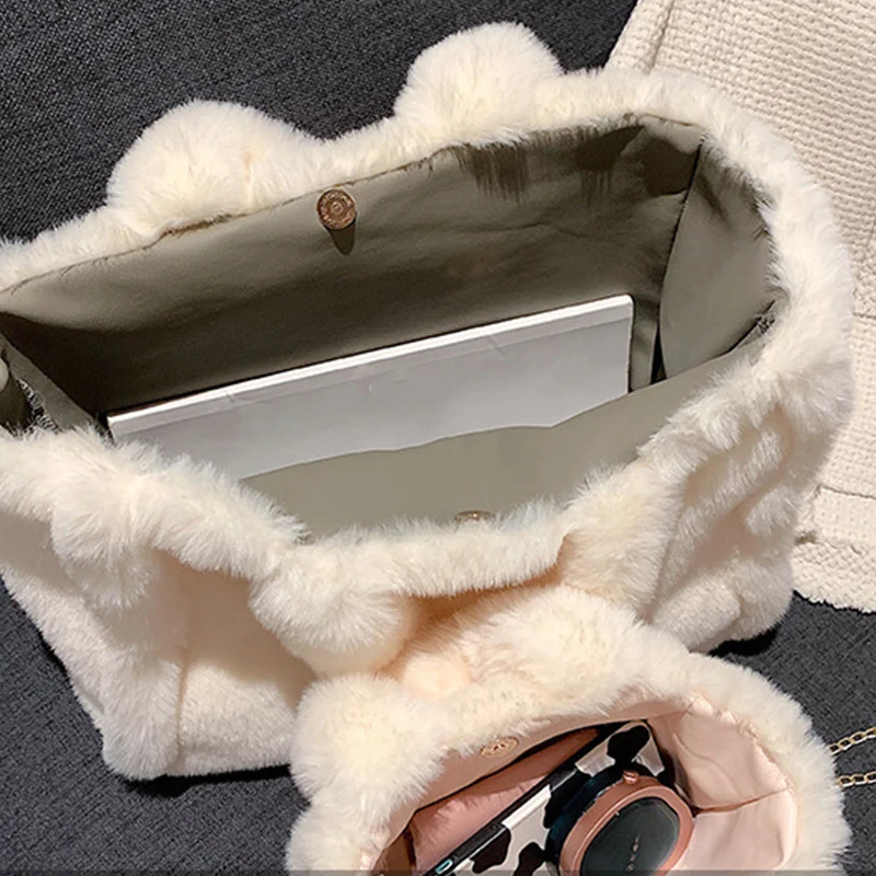 Winter Faux Fur Shopper Tote Bag for Women Plush Handbag Designer Fluffy Wool Shoulder Furry Crossbody Messenger 241205