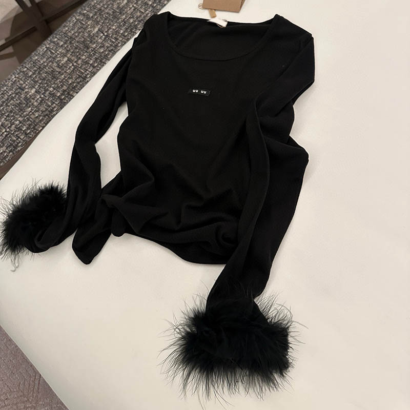 Women Designer Long Sleeve T Shirt Luxury Ostrich Feather Tops Spring Autumn Breathable Undershirt Tee