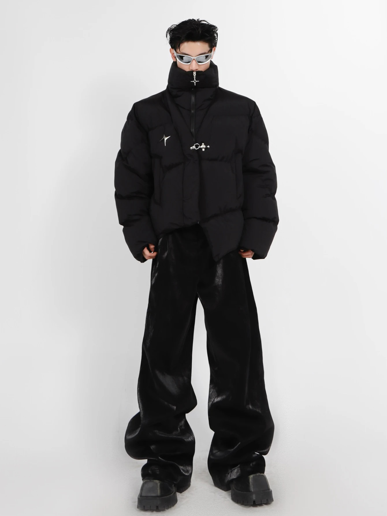 ReddaChic Star Pin Asymmetric Down Jacket Mens Black Cut Quilted Coat Turtle Neck Thick Warm Puff Y2k Grunge Street Wear 241202