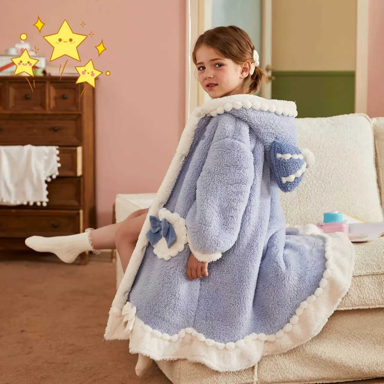Pajamas Girls Flannel Pajamas Autumn Winter Robes for Kids Thick Fleece Nightgowns for Children Teenager Bath Towel for Kids Clothes H241205