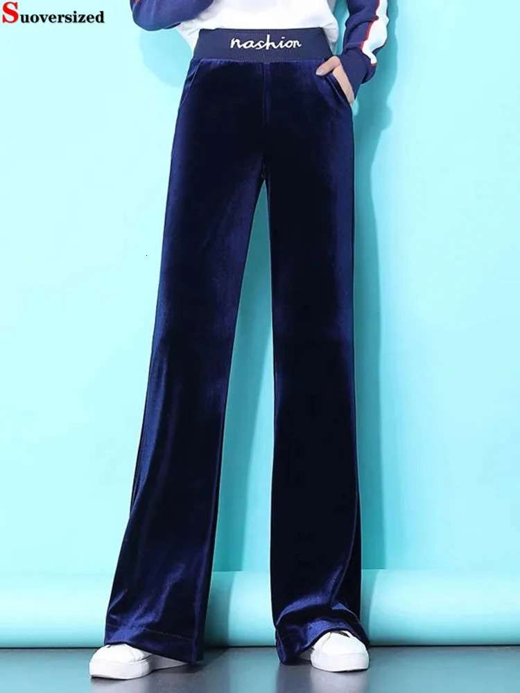High waisted velvet wide leg pants for women Korean office pocket straight pants casual and elegant OL sports pants fashionable and sporty 241202