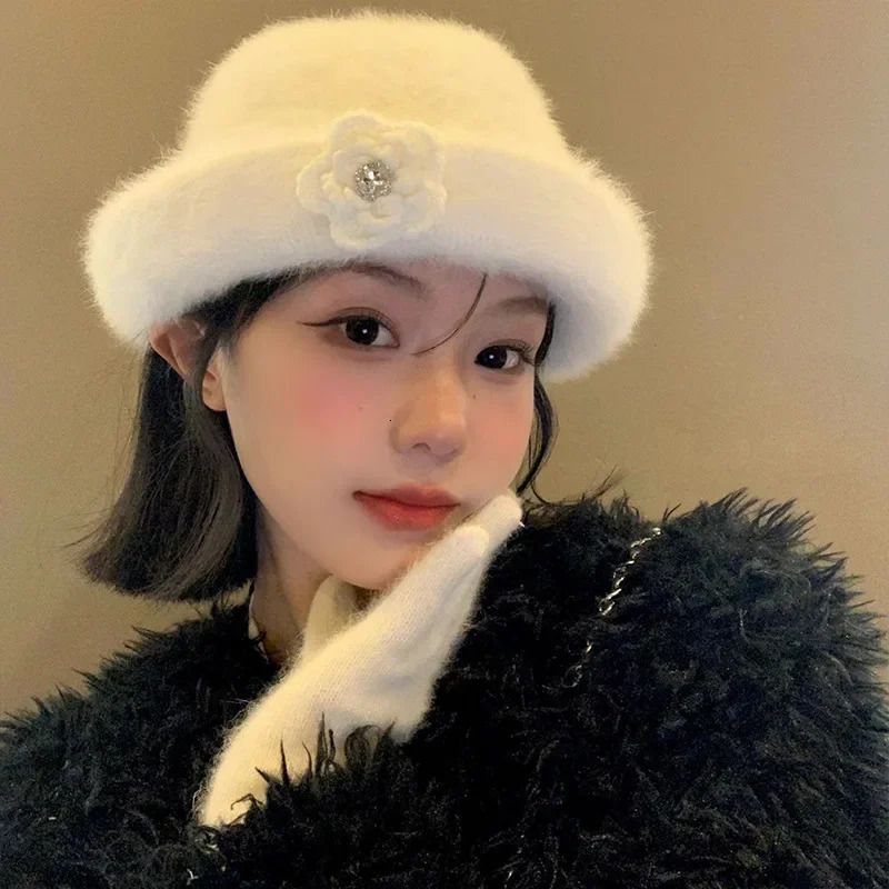 Korean Blog Rabbit Fur Flower Fishermans Hat Women Autumn Winter Curly Brim Hat Big Head Circle Panama Casquette 241205