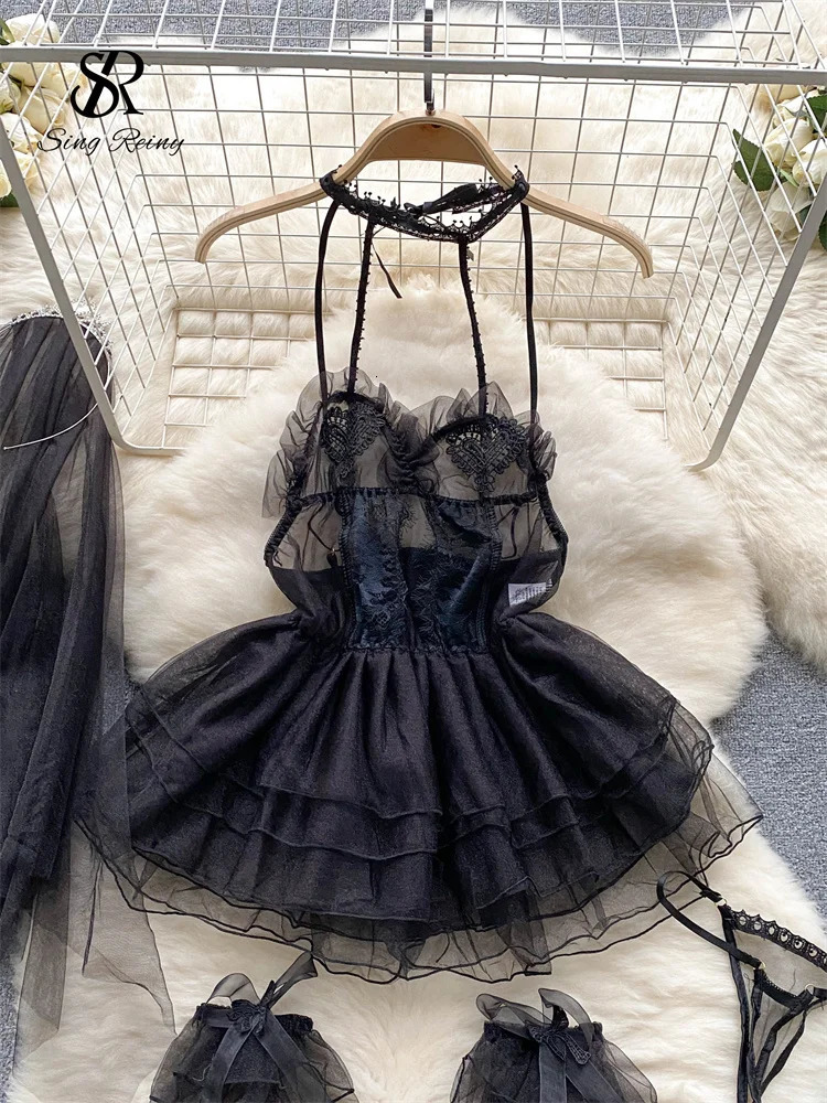 SINGREINY Wedding Cosplay Erotic Lingerie Pajamas Dress Sets Women Halter Straps Gauze Nightgowns Fashion Sheer Sexy Night Dress 241205