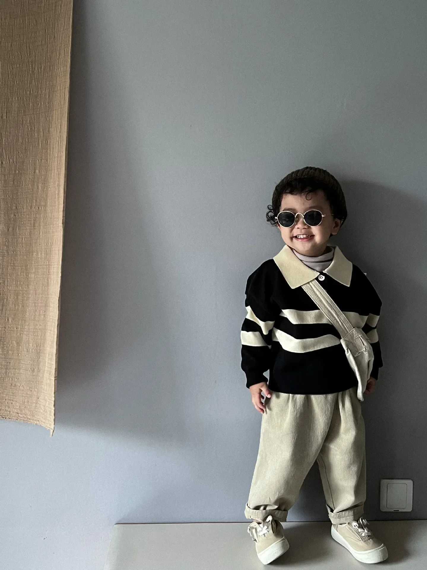 Clearance Black 110cm 3494C Childrens Sweater Knitted Pulled Double Button Striped Collar Boys Sweater Full Match Sweater W241205