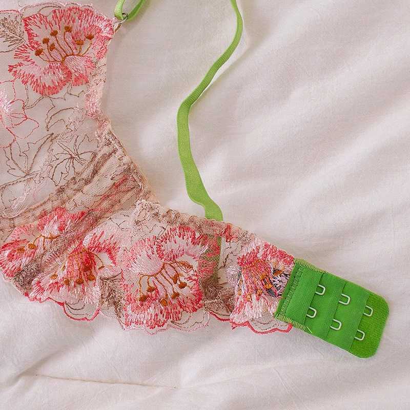 Mesh embroidery sexy underwear steel ring bra thin lingerie set women push up bras with pants suitXJ241205