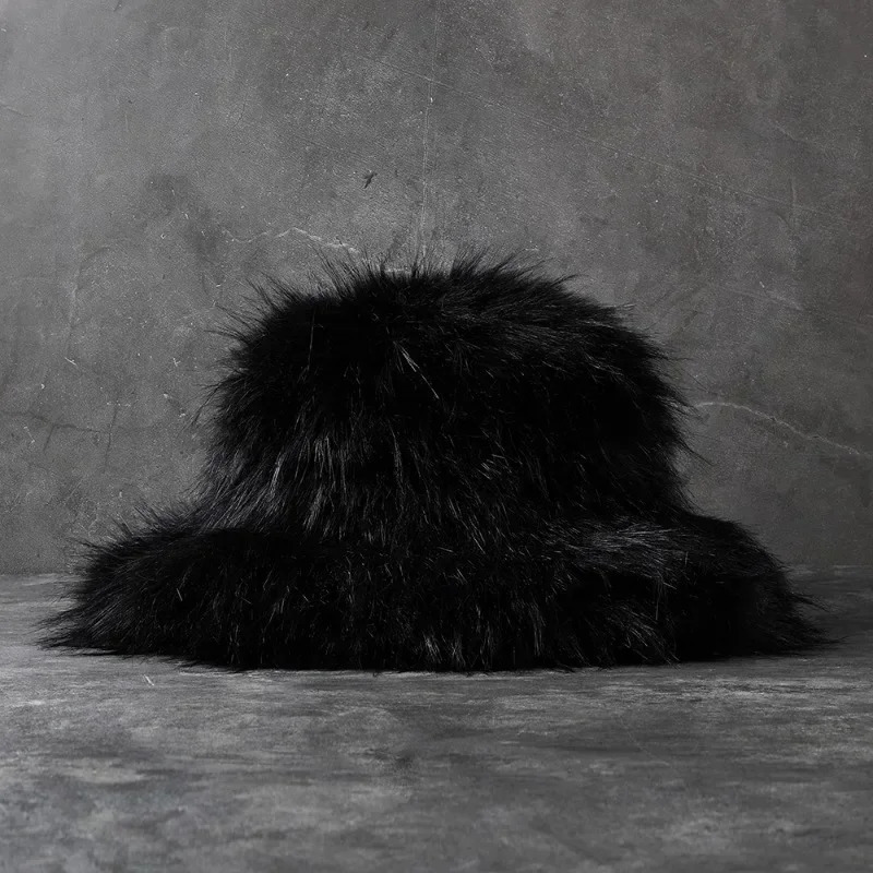 Womens fluffy faux fur bucket hat retro plush and warm oversized Y2K fisherman hat thick raccoon fur winter hat 241205
