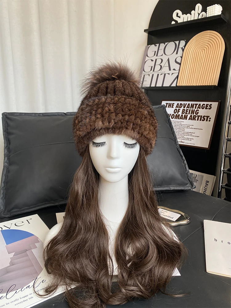womens winter natural mink fur hat knitted real mink fox fur ball hat womens warm bear hat 241205