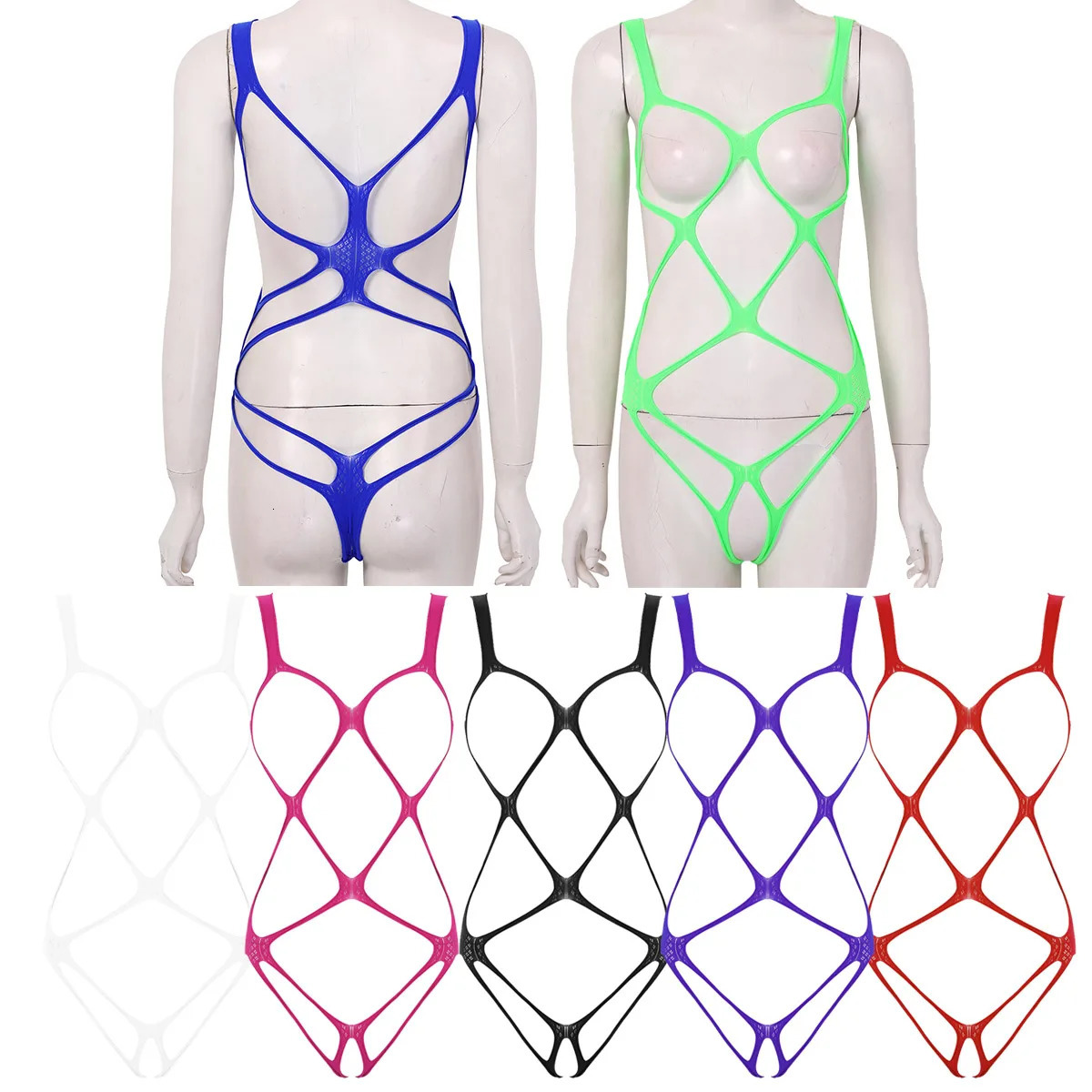 iEFiEL Sexy Women One-piece Bodysuit Hollow Fishnet Lingerie Open Cups Crotchless Bodystockings See-through Stretchy Nightwear 241205