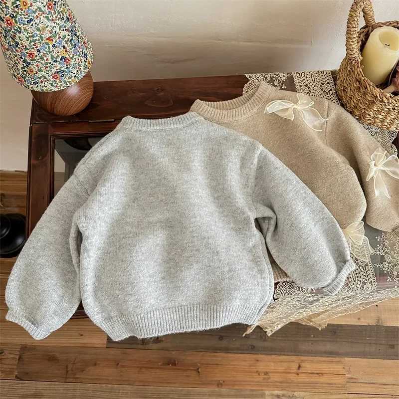 Korean Childrens Clothing Autumn New Girl Baby Solid Bow Sweater Winter Fashion Sweet Childrens Princess Knitted Sweater W241205