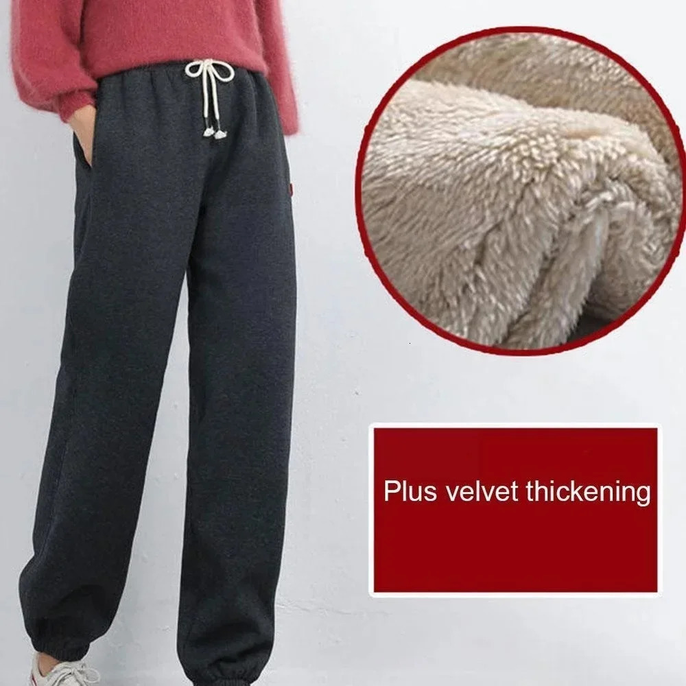 Winter Warm Womens Trouser Wool Lined Elastic Legs Elastic Foot Mouth Womens Casual Plus Velvet Warm Pants 241202