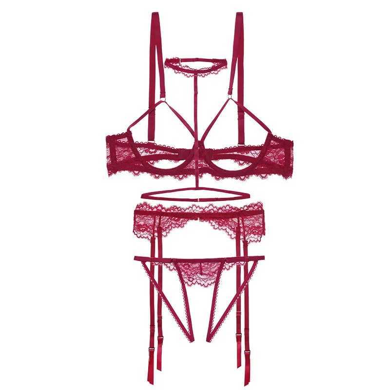 Sexy lingerie lace bra hollow steel support four-piece underwear set hanging neck garter belt open pantiesXJ241205