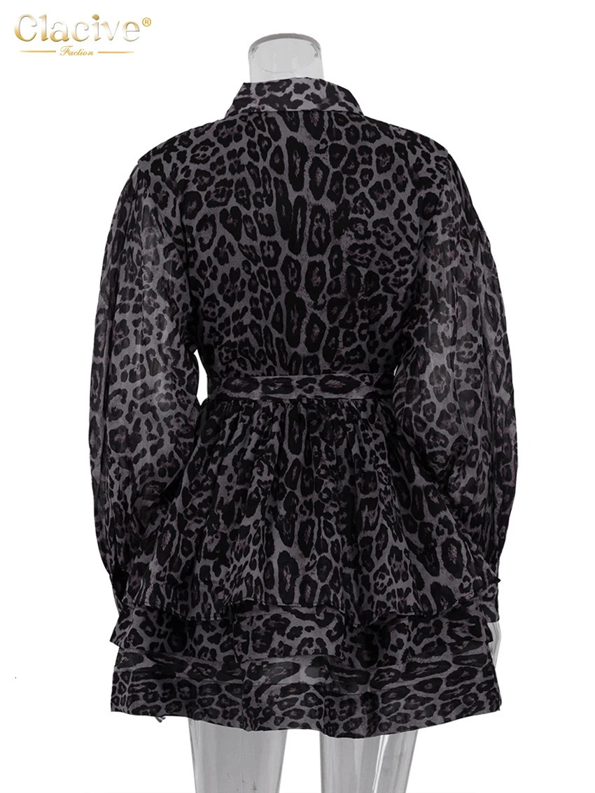 Clacive Fashion Leopard Print WomenS Dress 2024 Vintage Lapel Long Sleeve Mini Dresses Elegant High Waist Pleated Female Dress 241204