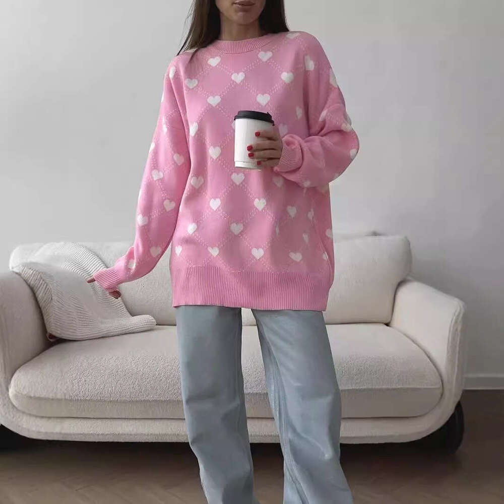 Love European American autumn and winter medium long knitted love pullover round neck sweater 2024 new style temperament chic elegant clothing