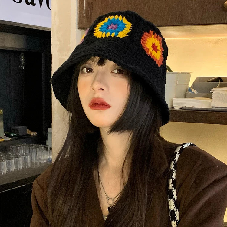56-58cm knitted flower bucket hat for womens winter fisherman hat womens knitted yarn bucket hat fashionable Chapeau 241205