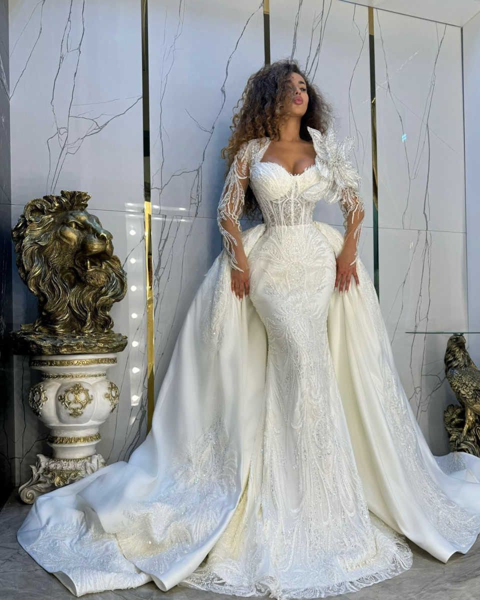 Modern Lace Sequined Mermaid Wedding Dresses Women Glitter Beading Floral Appliques Bride Dresses Customized Bridal Gown