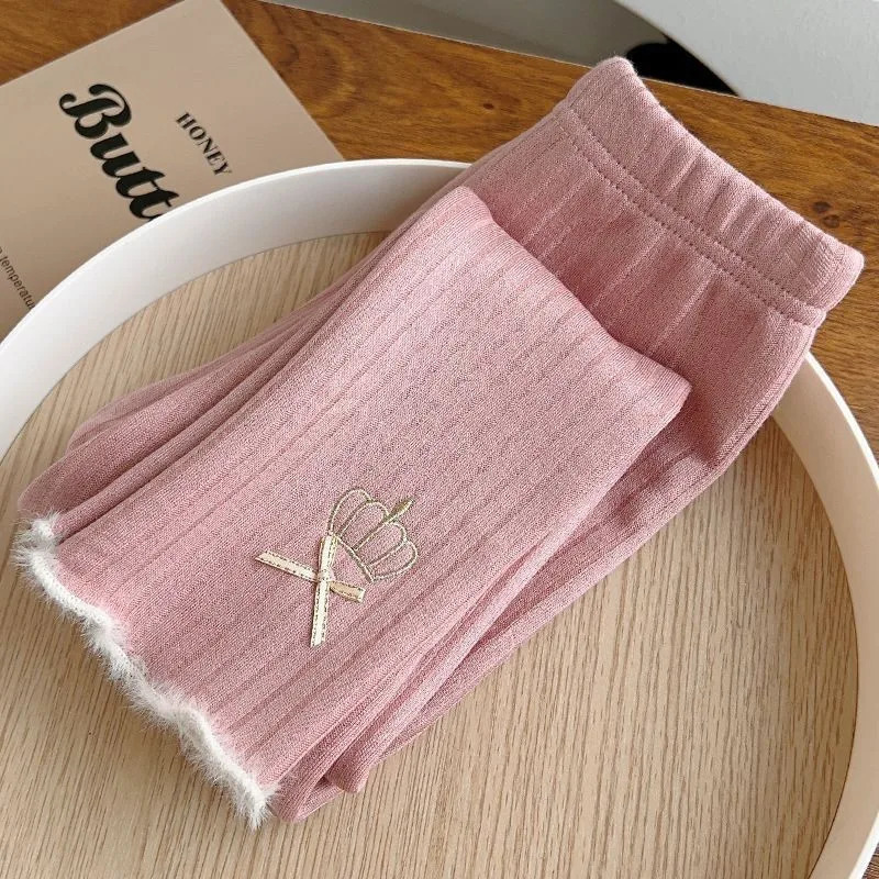 Baby Girl Princess Bow Thick Leggings Infant Toddle Child Crown Pattern Pant Fleece Inside Warm Autumn Winter Baby Clothes 1-10Y 241204