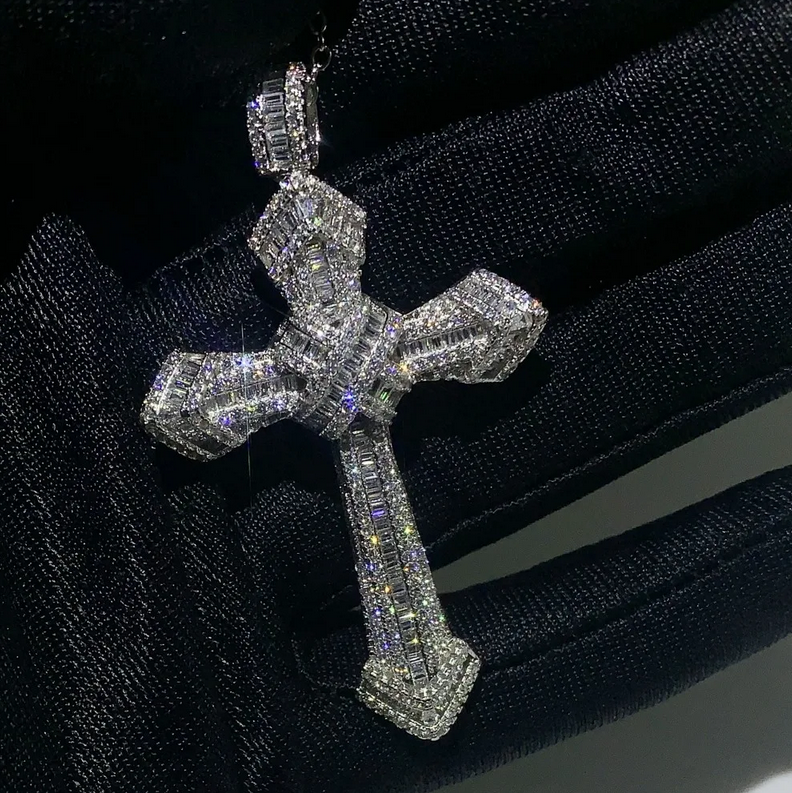 Rulalei Brand Cross Pendant Hip Hop Jewelry Sterling Sier Gold Fill Princess Cut White 5A Cubic Zircon CZ Dia Women Wedding Clavicle Necklace Gift
