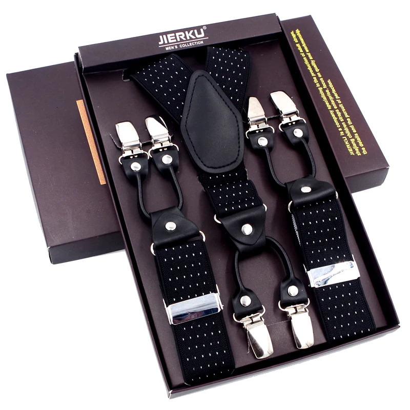 Fashion Suspenders Black leather 6 Clips Braces Vintage Casual Suspensorio Tirante Trousers Strap bretele FatherHusbands Gift 241122