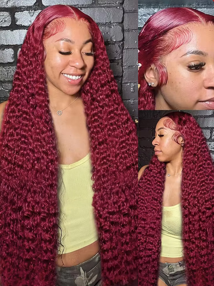 30 40 Inch Water Curly 99J Bury 13X4 Frontal Wig High Density Red Colored Deep Wave 13X6 HD Lace Front Human Hair Wigs