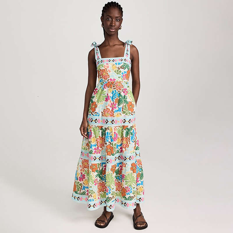Summer European and American Sleeveless, Collarless, High Waist Plant Printed Women's Large Swing Strap Dress 2024 New Casual Fashion Trendy Clot