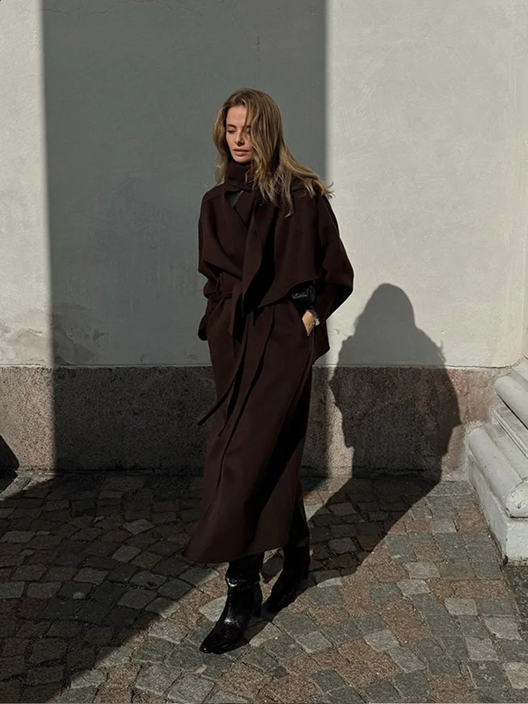 2024 Vintage Brown Scarf Collar Womens Overcoat With Belt Fashion Long Sleeve Pockets Woolen Jacket Lady Loose Streetwear y241205