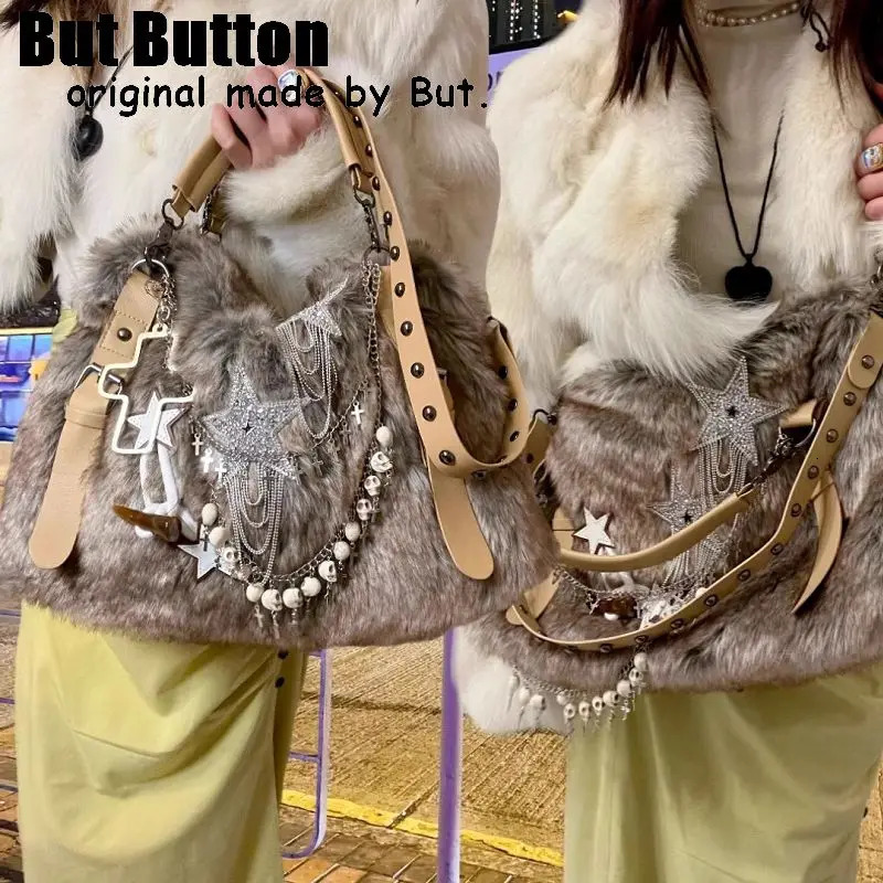 Gothic Lolita Y2K Punk Womens Harajuku Y2K Girls High Capacity Computer Bag Fur Underwear Shining Shoulder Bag Handbag 241205