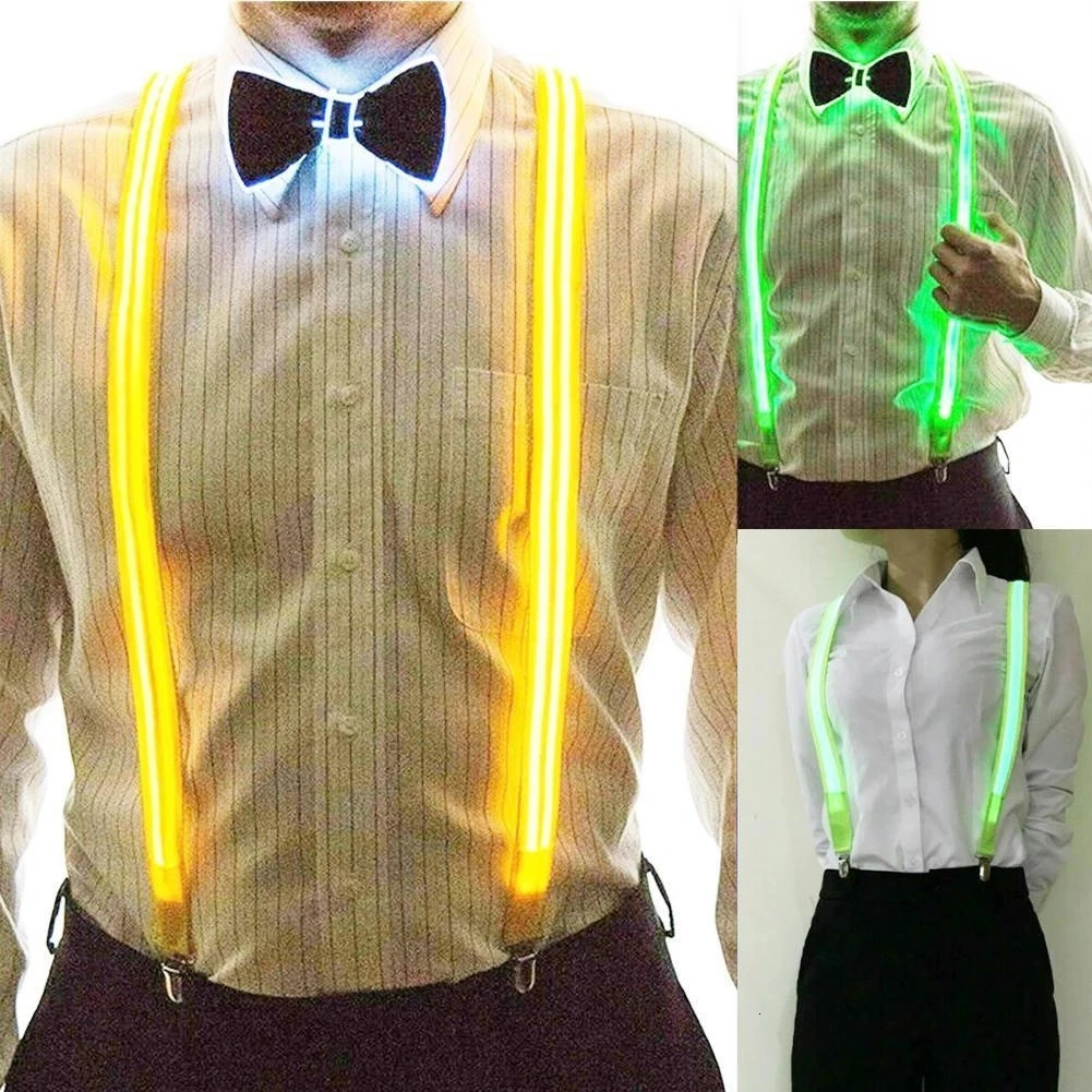 Light Up Suspender LED Bow Tie For Men Women Festival Party Bowtie Clipson Braces Elastic Adjustable Pants Belt 241122