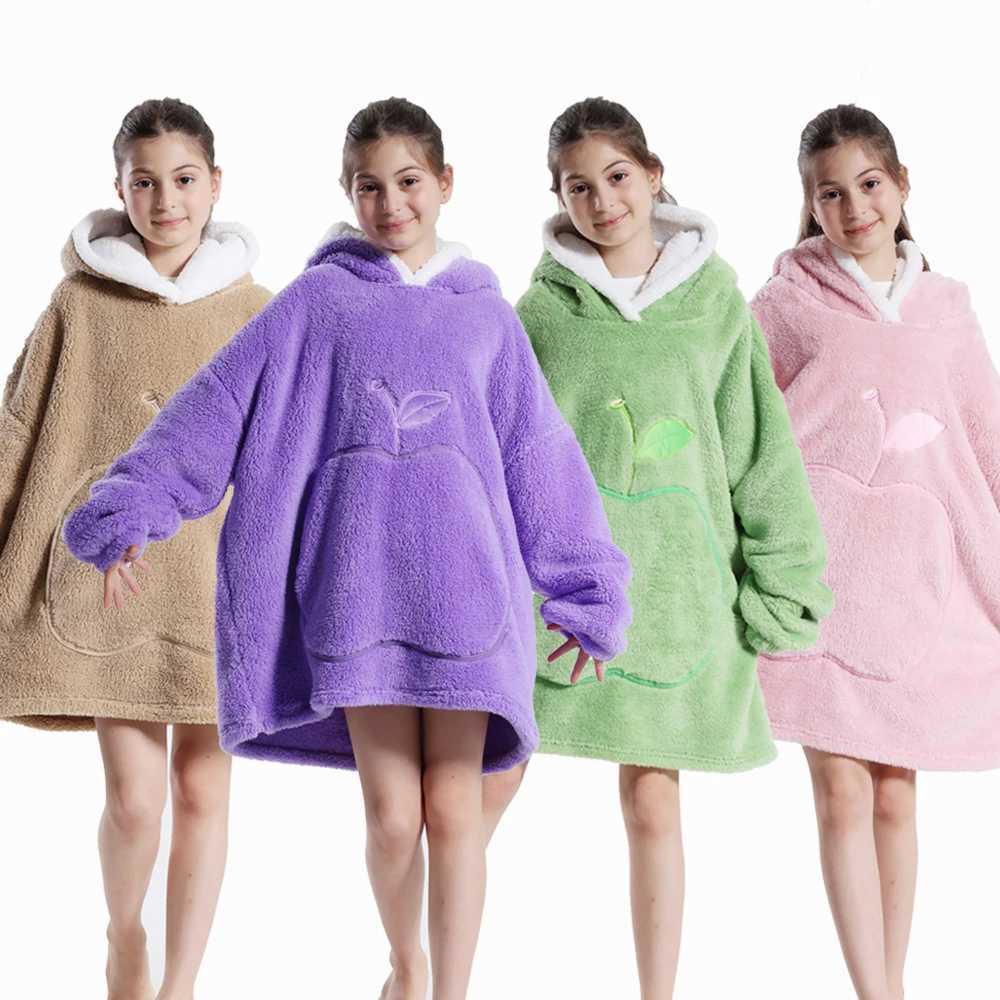 Pajamas Winter Hoodies for Girls Boys Hooded Flannel Warm Sweatshirts Childrens Wearable Blanket with Sleeves Kids 100-160cm Clothing H241205