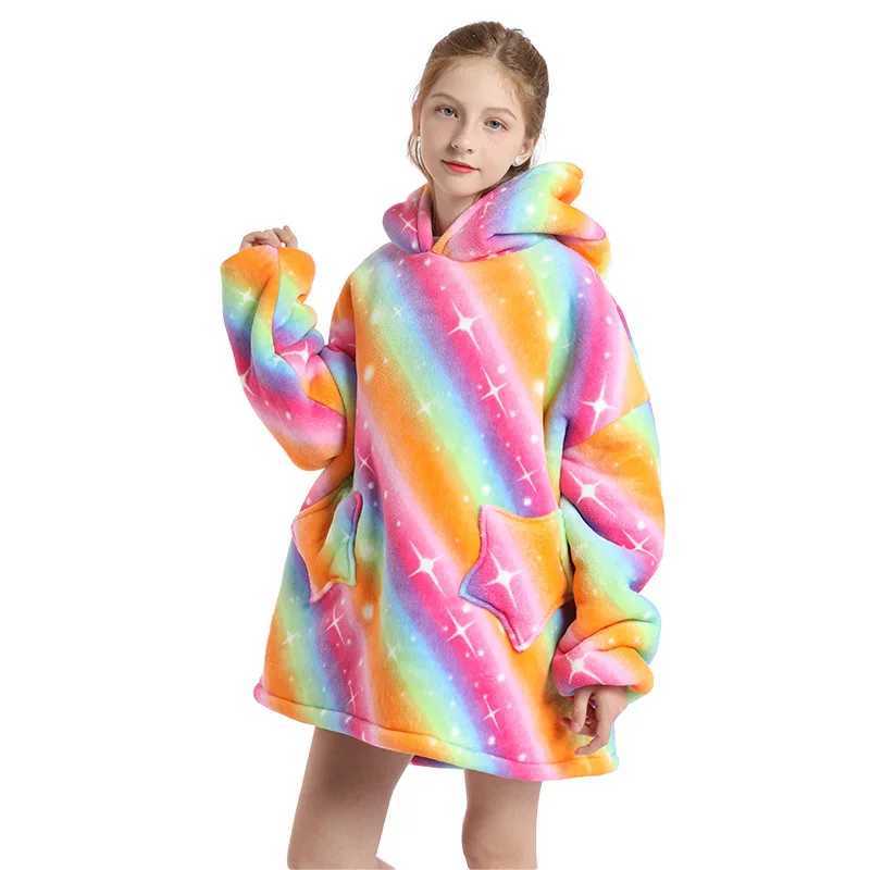 Pajamas 2024 Winter Girls Warm Hoodies Children Hooded Sweatshirts Kids Oversized TV Blanket Teens Warm Fleece Sherpa Blanket Boys Coats H241205