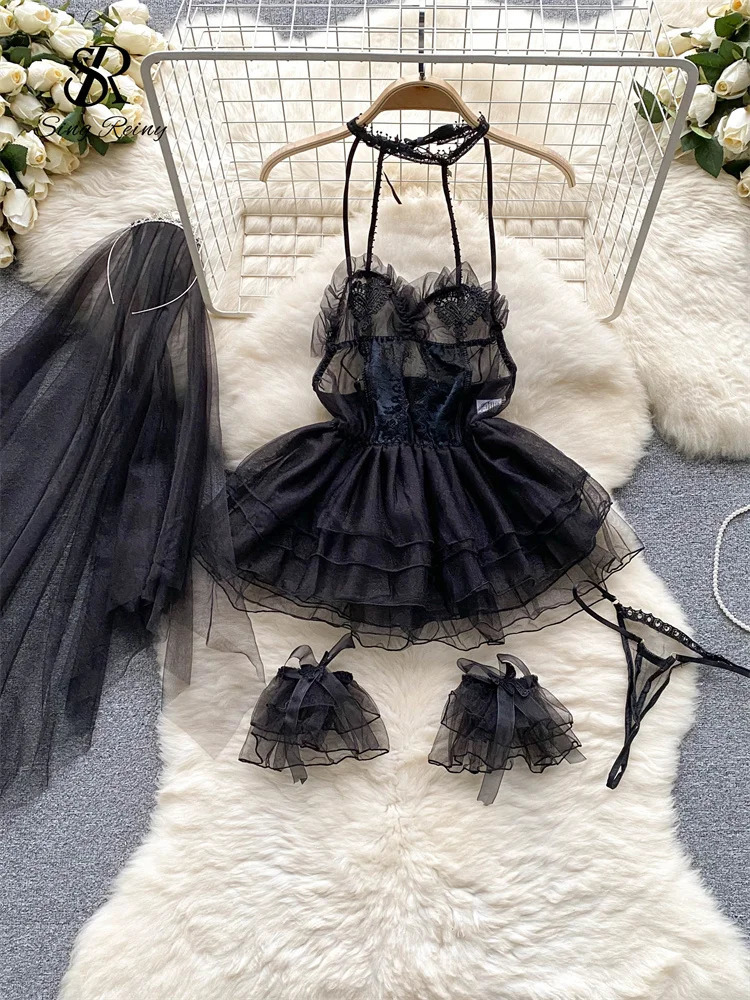 SINGREINY Wedding Cosplay Erotic Lingerie Pajamas Dress Sets Women Halter Straps Gauze Nightgowns Fashion Sheer Sexy Night Dress 241205