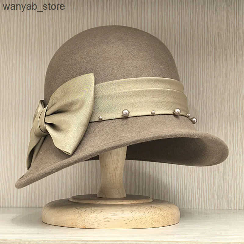 Cloches Fashion Slope Brim Felt Womens Hat Winter Wool Cloche Hat Ribbon with Pearl Bowling Hat Bucket with Bow Accent Church Party Hat L240910