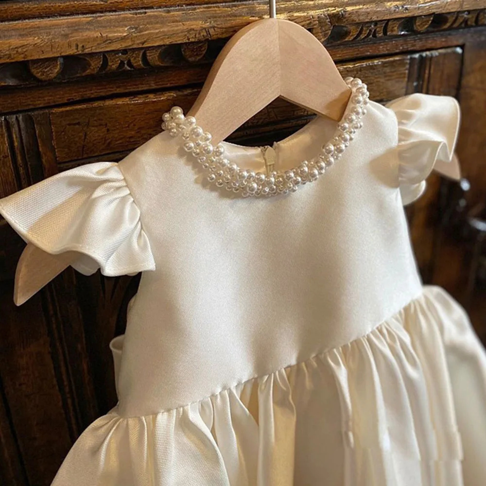 HETISO Baby Dresses for Wedding Pearl Necklace Girl Kids Dress White Toddler Clothes Elegant Birthday Gown 1-8 Years R250424