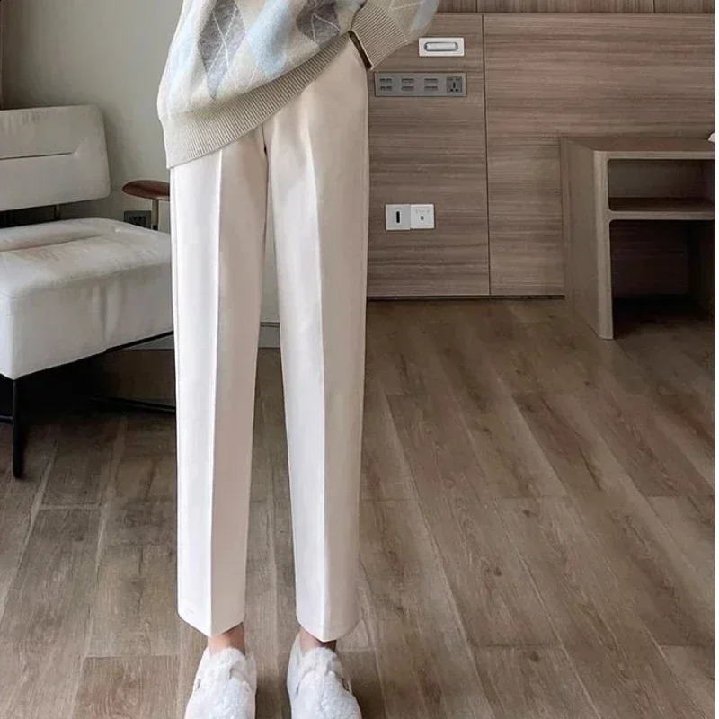 Elegant Woolen Pant Autumn Winter Fashion High Waist Trouser Female Casual Fleece Ninepoint Black Outwear Suit Pants 241205