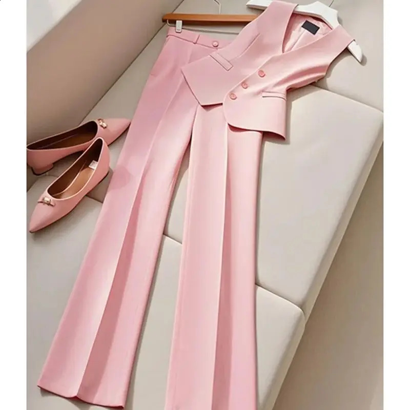 Fashion Office Lady Suit Womens VNeck Single Breasted Blazer Vest High Waist Wide Leg Pants 2Piece Set Formal Outfits 268P 241205