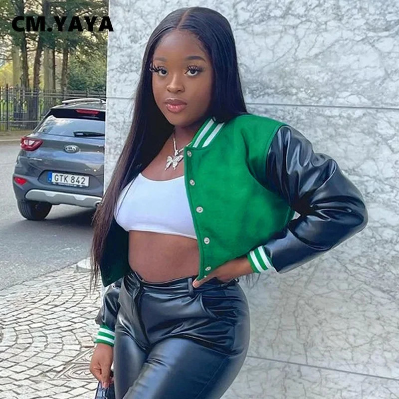 CM.YAYA Women Autumn Winter Long Sleeve Sport Baseball Jacket Coat Fall Streetwear PU Leather Patchwork Jackets Outcoats 241205