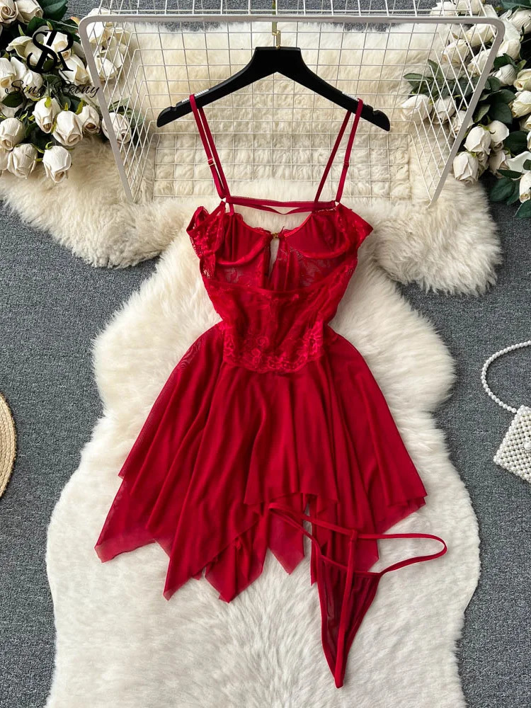 SINGREINY Sensual Sleepwear Porno Night Dress Women Mesh Spliced Camis Nightgowns Summer Split Sexy Sheer Pajamas Dress 241205