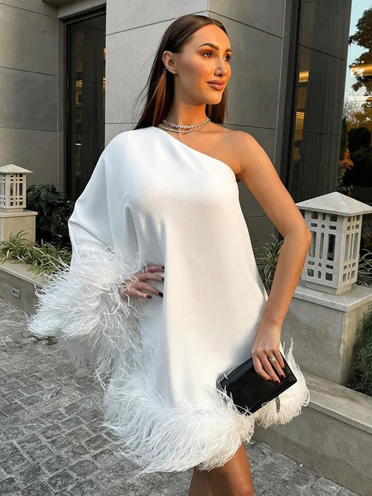 Solid Color Feather Off Shoulder Womens Dress Casual Backless Single Shoulder Sleeve Mini Dresses Chic Party Vestidos 241205